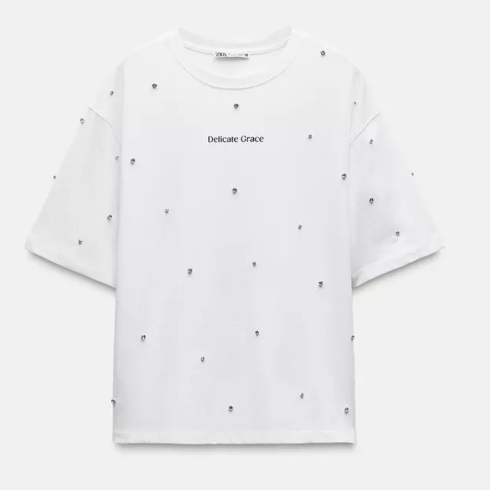 Zara White T-Shirt with rhinestone Accents